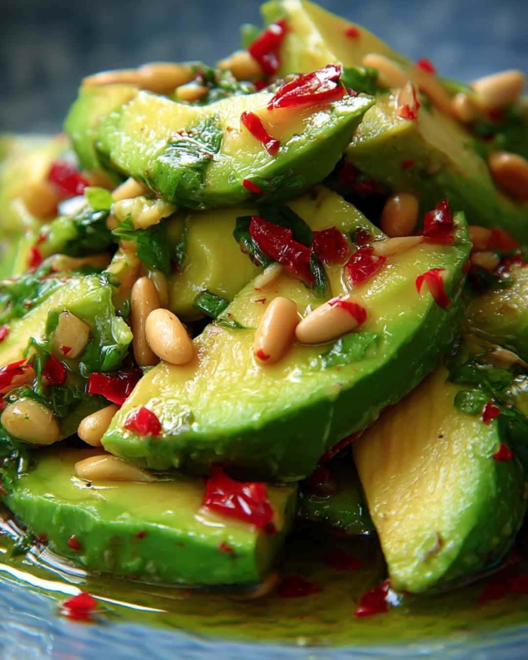 Avocado salad with pine nuts, fresh herbs, and red chili flakes