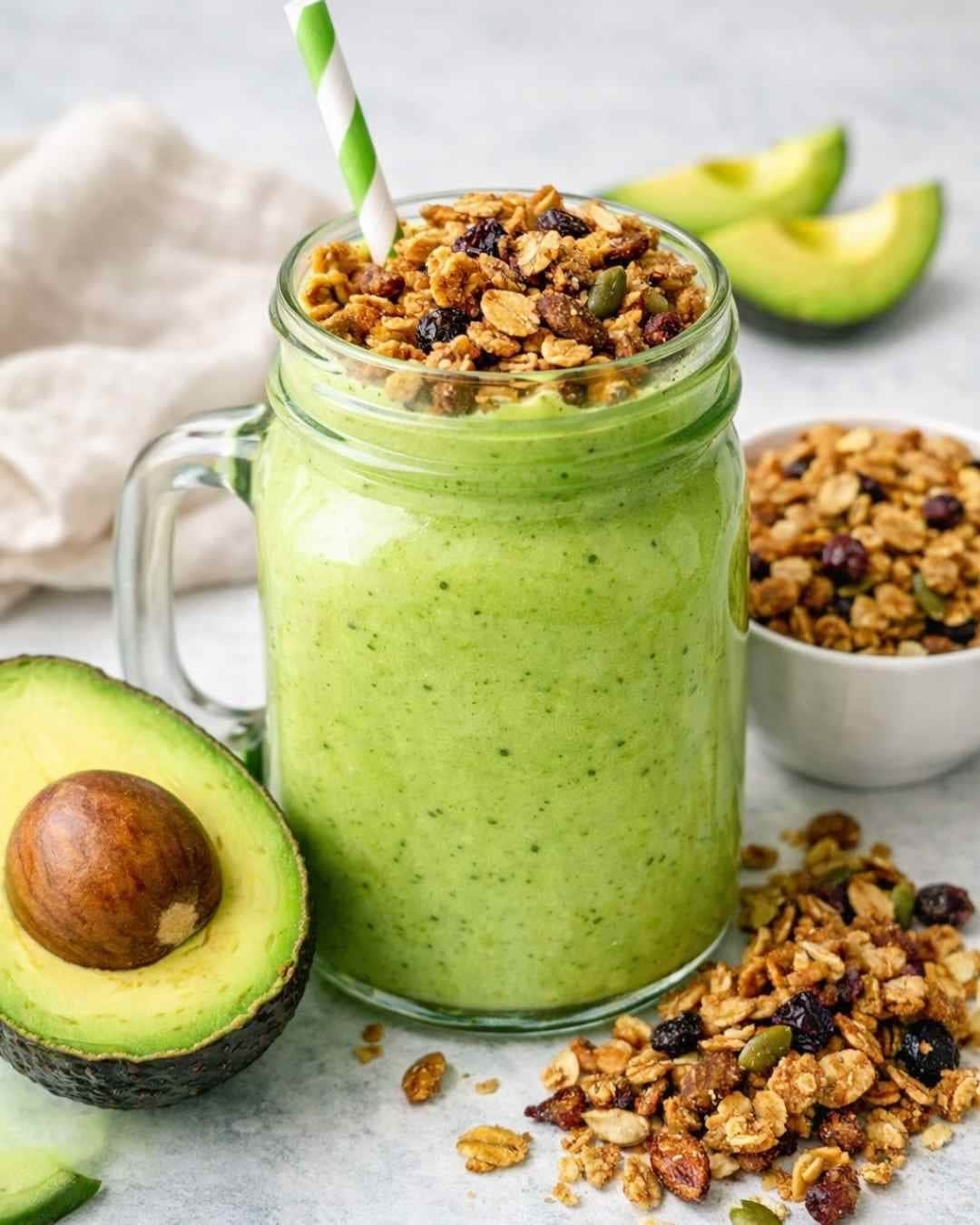 Avocado smoothie topped with crunchy granola in a mason jar with fresh avocado