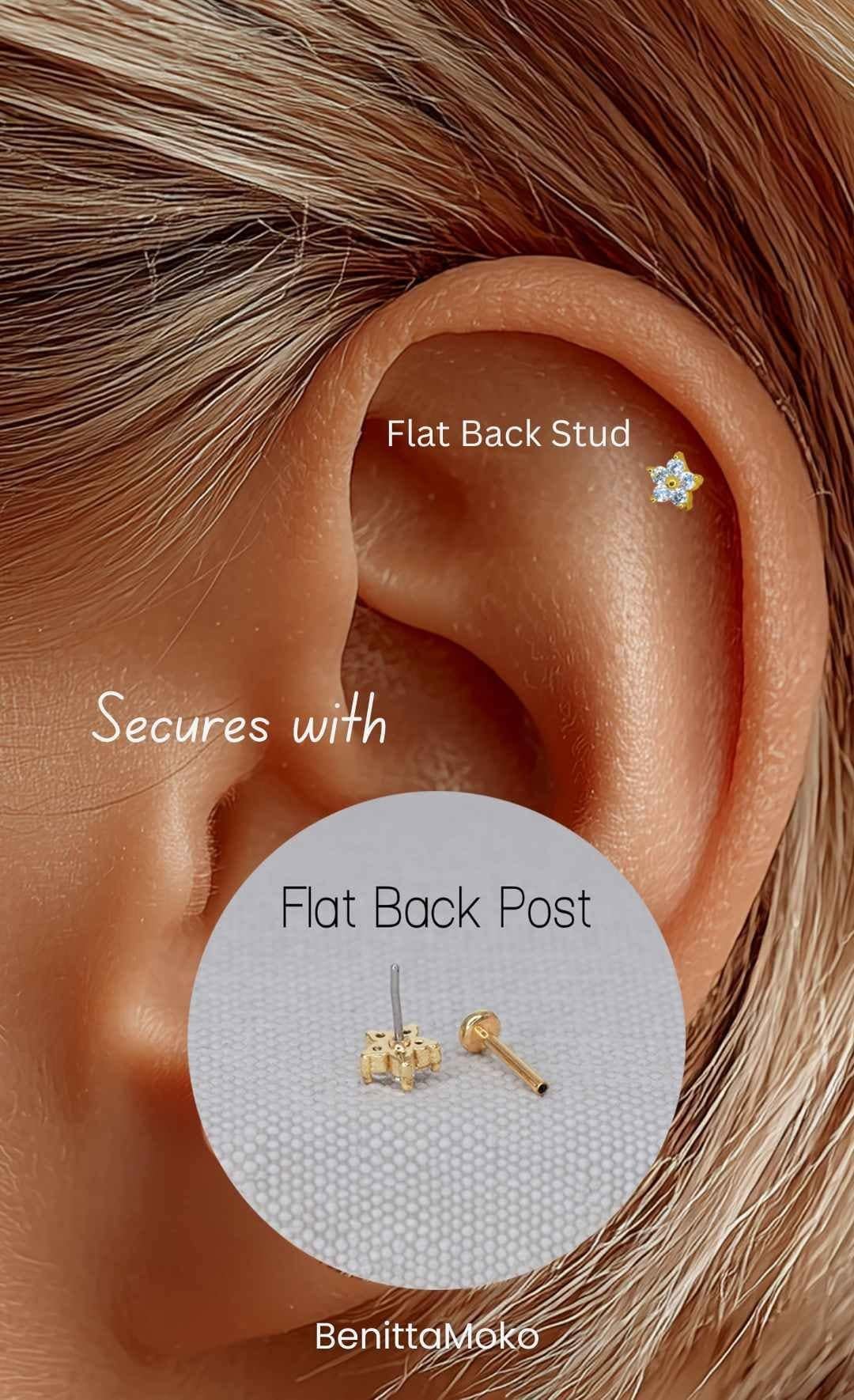 Flat back stud earring for helix piercing shown on ear with secure cartilage jewelry design