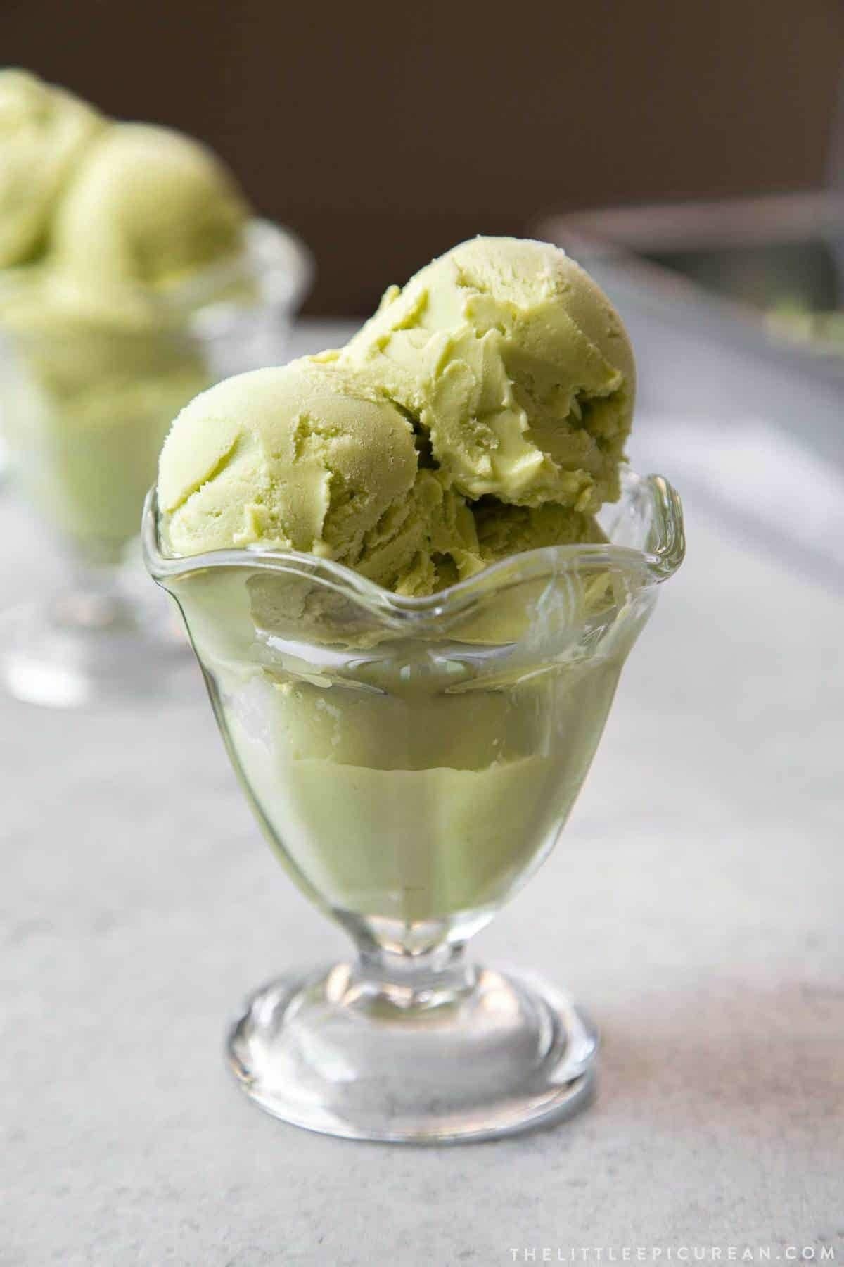 Creamy avocado ice cream scoops served in a bowl