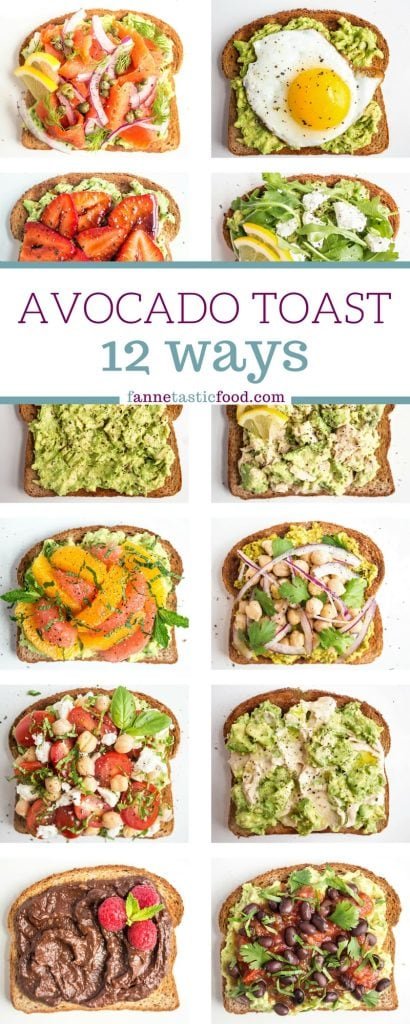 Avocado toast ideas with different toppings arranged in a collage