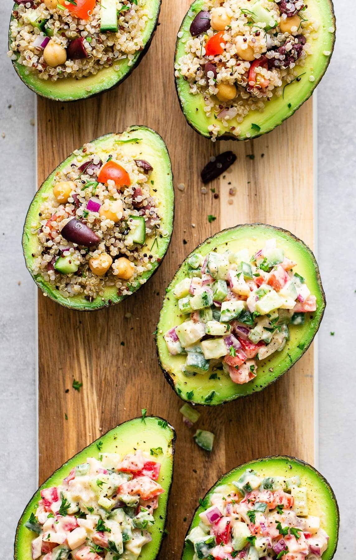 Stuffed avocados filled with fresh toppings for a quick meal