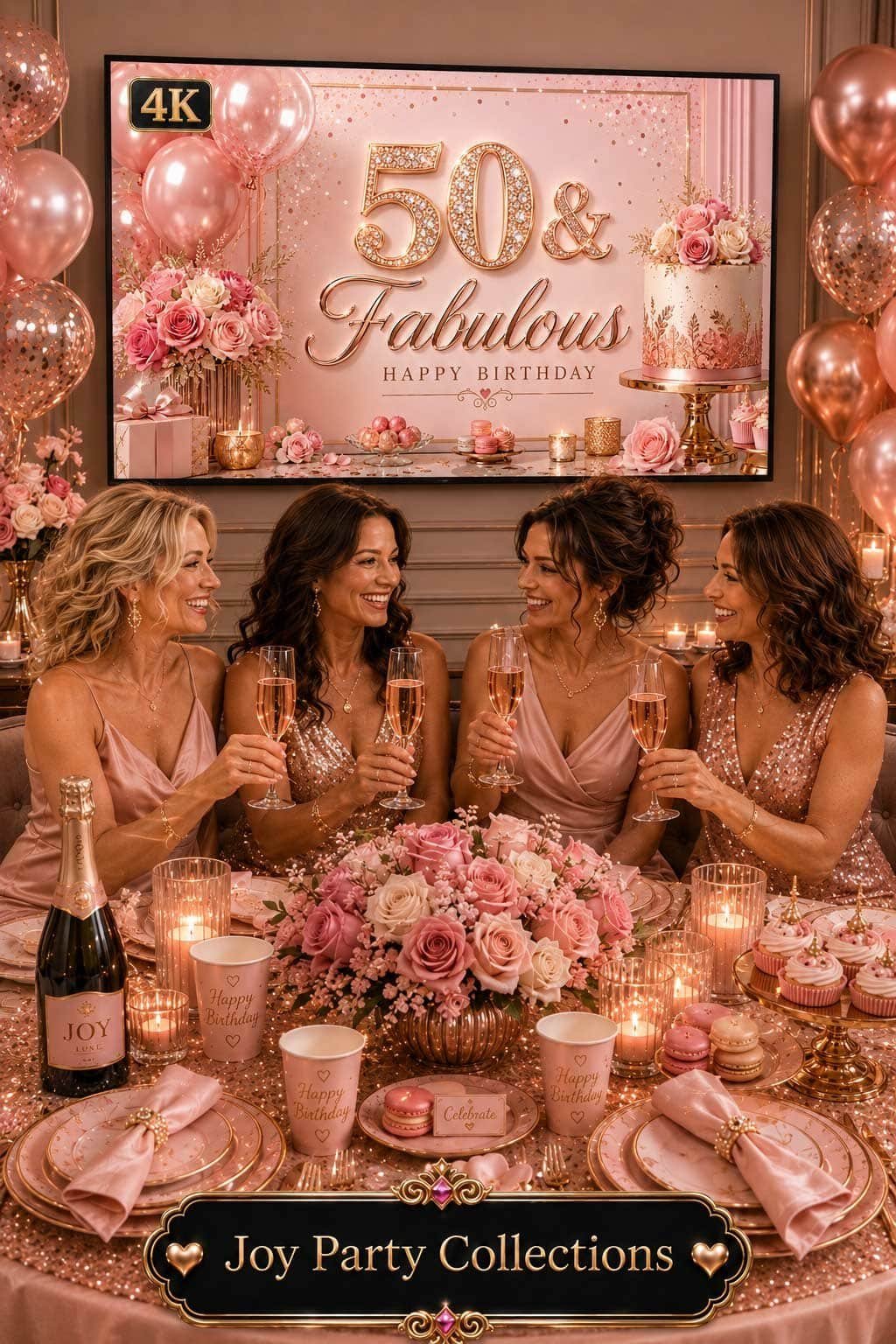 50 and Fabulous pink birthday party setup with flowers, cake, rose gold balloons and a TV birthday background