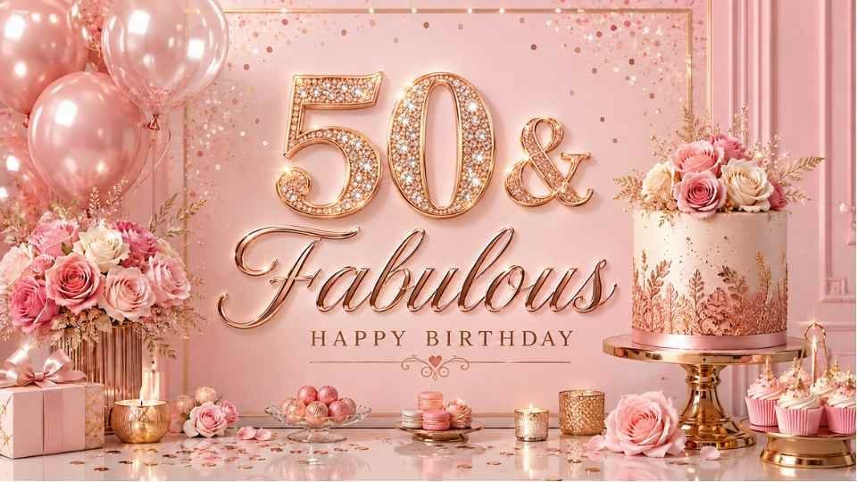50 and Fabulous 4K birthday background on a TV screen
