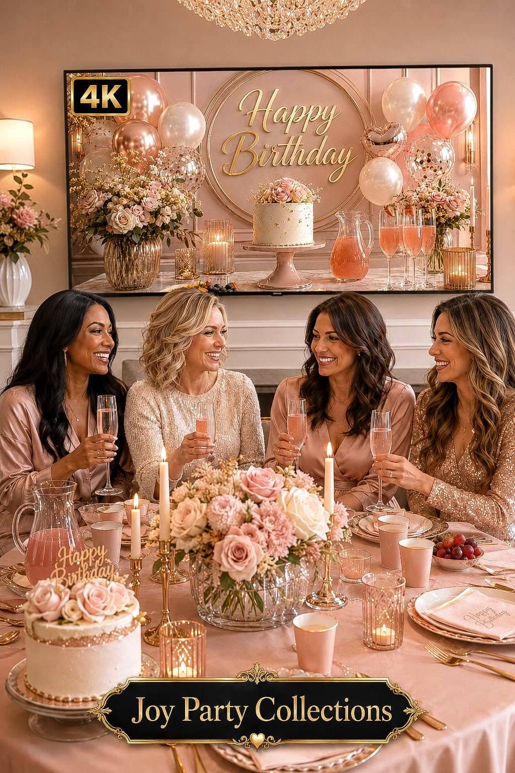 Birthday brunch at home setup with pastries, coffee, pink plates, mimosas and a soft birthday TV background