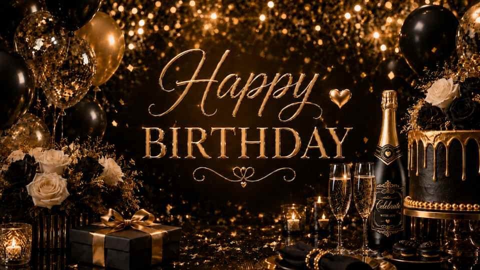 Black and gold 4K birthday background on a TV screen