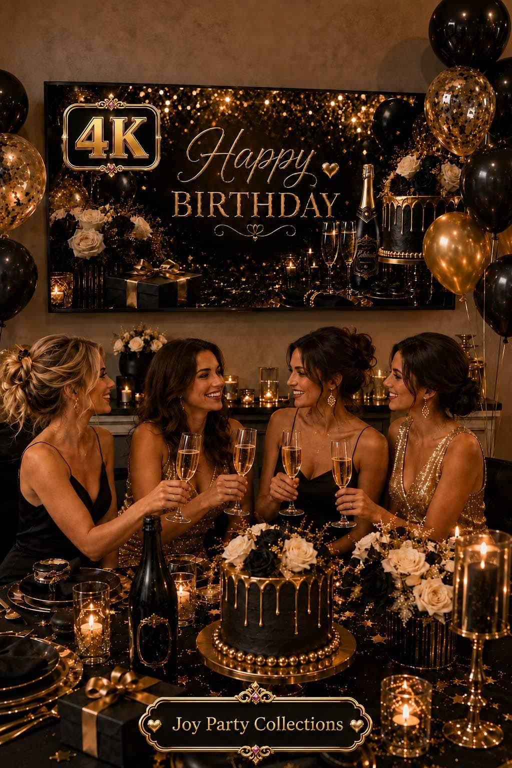 Elegant black and gold glam birthday party setup with cake, gold candles, champagne glasses and a luxury birthday TV background