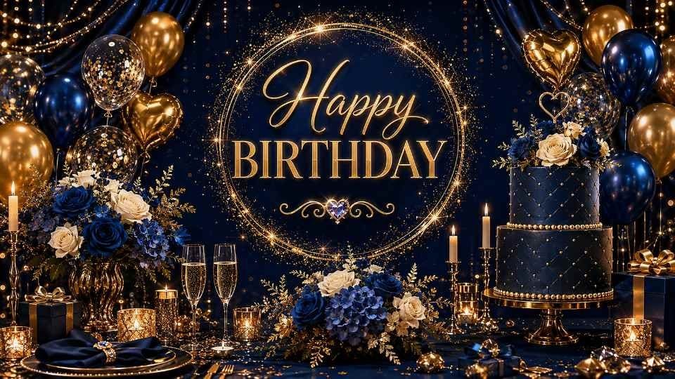 Blue and gold 4K birthday background shown on a TV screen