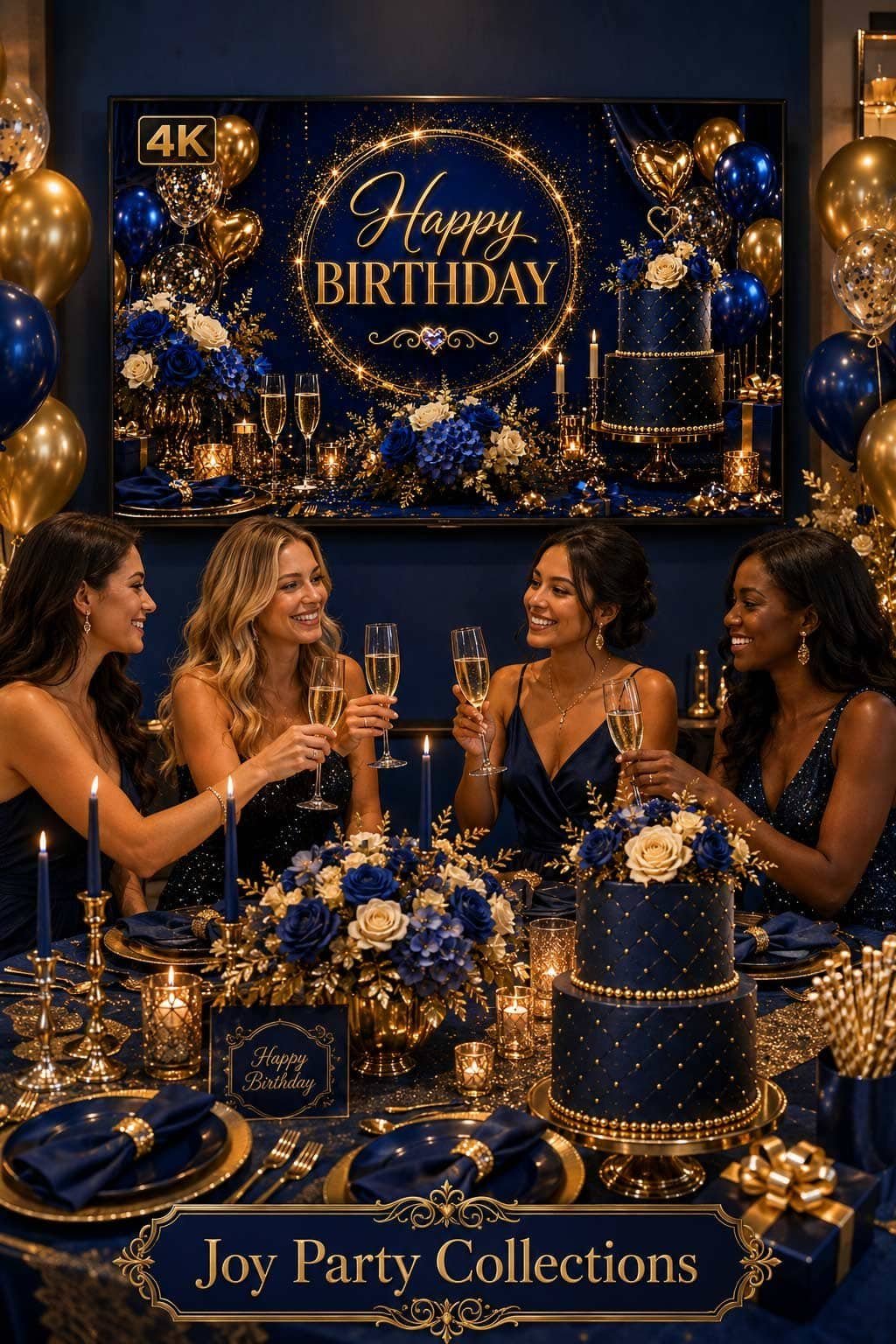 Blue and gold elegant birthday party setup with cake, candles, plates, flowers and a TV birthday background