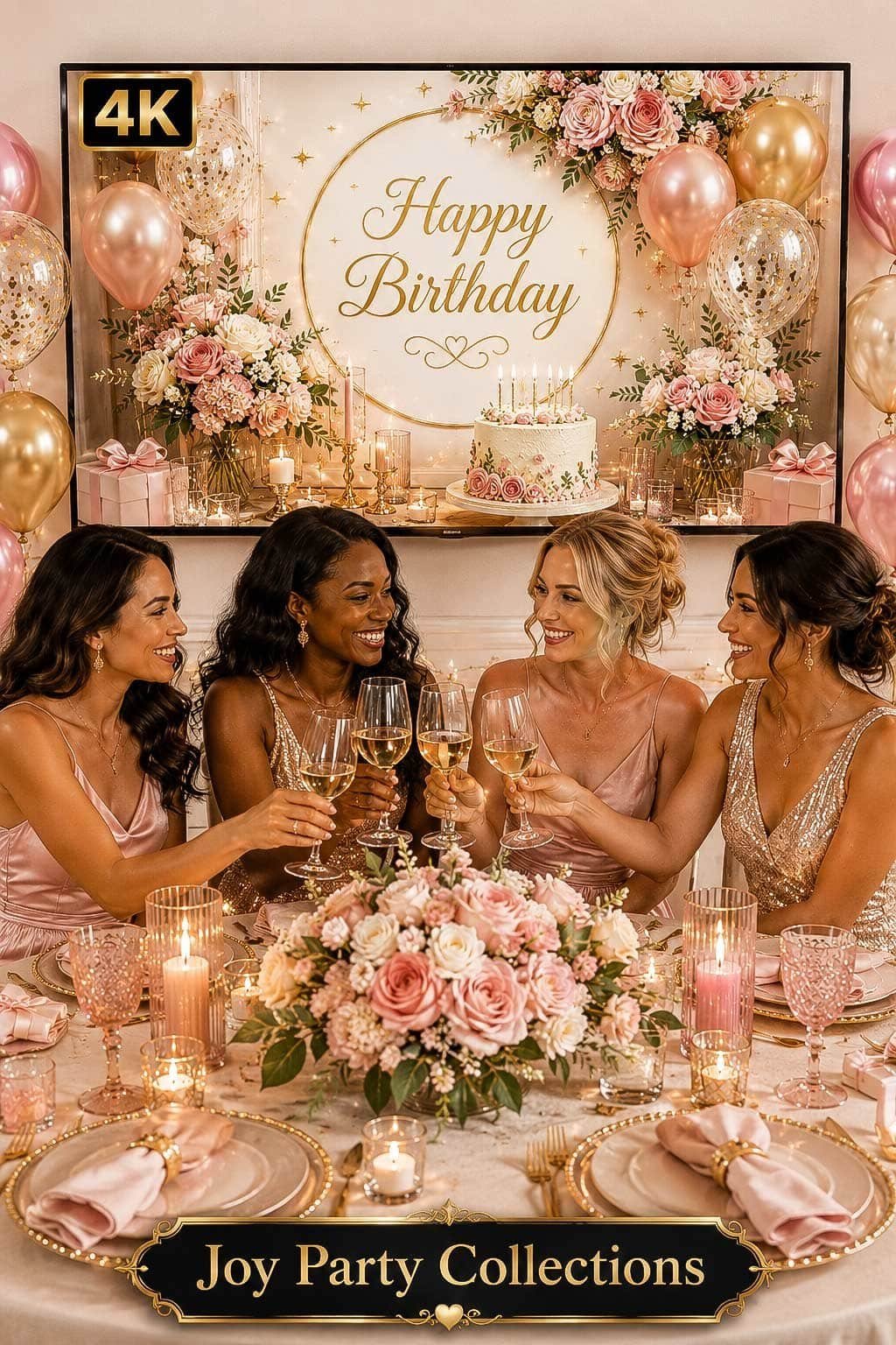 Candlelight birthday dinner setup with LED candles, elegant table decor, flowers and a soft TV birthday background