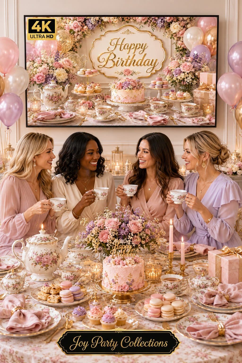 Tea party birthday setup with floral cups, macarons, small cakes, pastel napkins, flowers and a soft 4K birthday TV background
