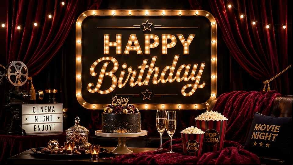 Cinema night 4K birthday background on a TV screen