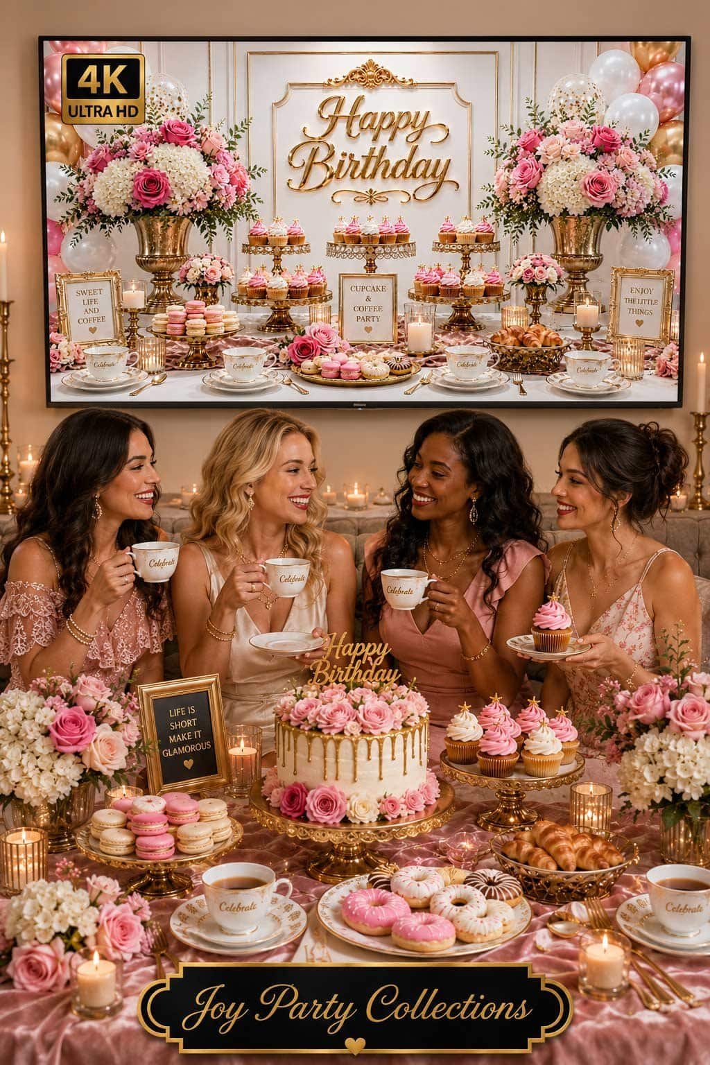 Cupcake and coffee birthday party setup with cupcakes, coffee cups, dessert plates, flowers and a soft 4K birthday TV background