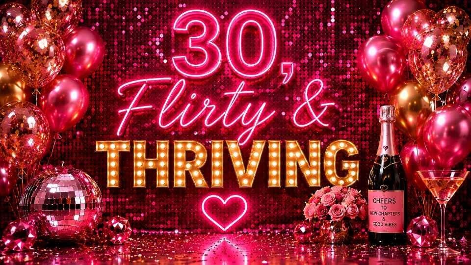 Dirty Thirty 4K birthday background on a TV screen