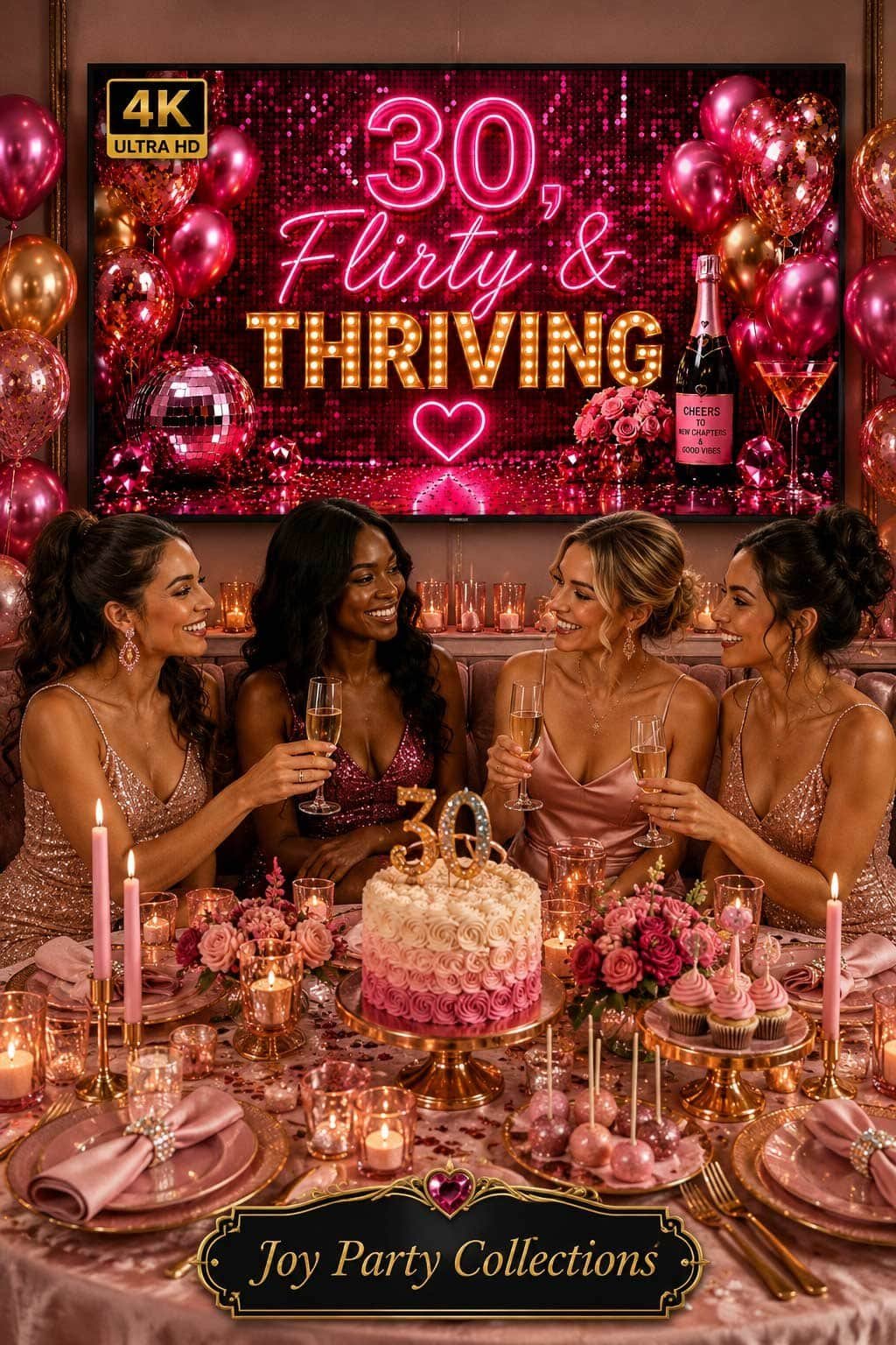 Dirty Thirty birthday party setup with pink and rose gold balloons, cake, champagne glasses and a TV birthday background