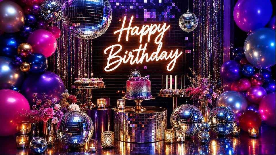Disco 4K birthday background on a TV screen