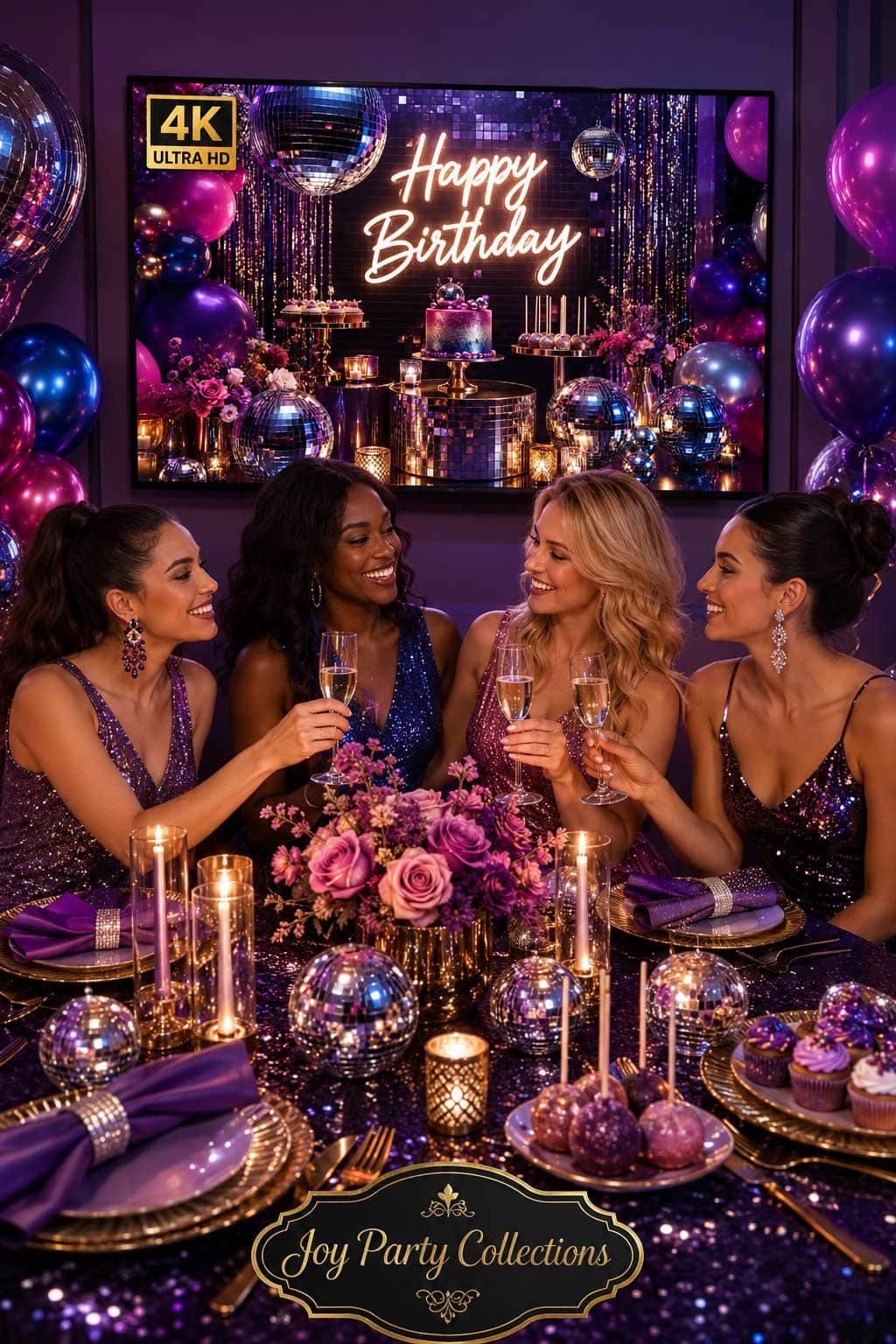 Disco birthday party setup with disco balls, colorful balloons, metallic accents, candles and a bright 4K birthday TV background