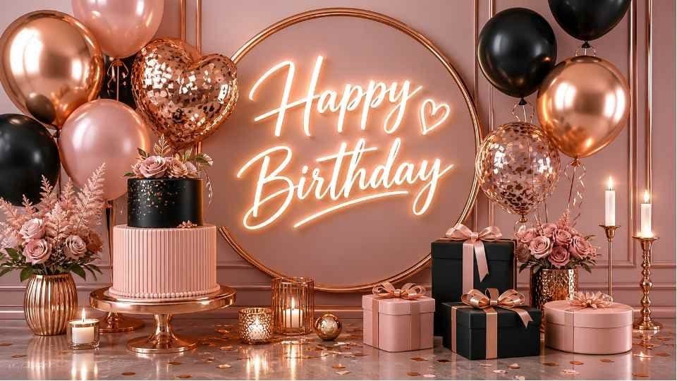 Pink and black 4K birthday background on a TV screen