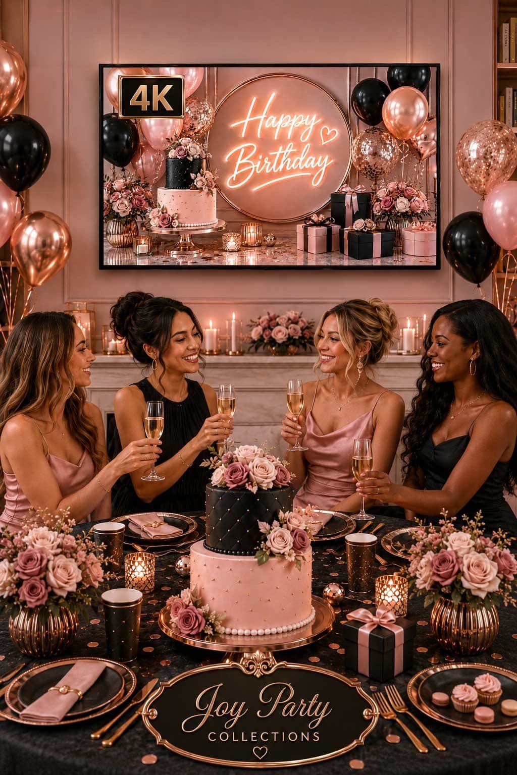 Elegant pink and black birthday party setup with pink black cake, blush flowers, candles, black plates and a 4K birthday TV background