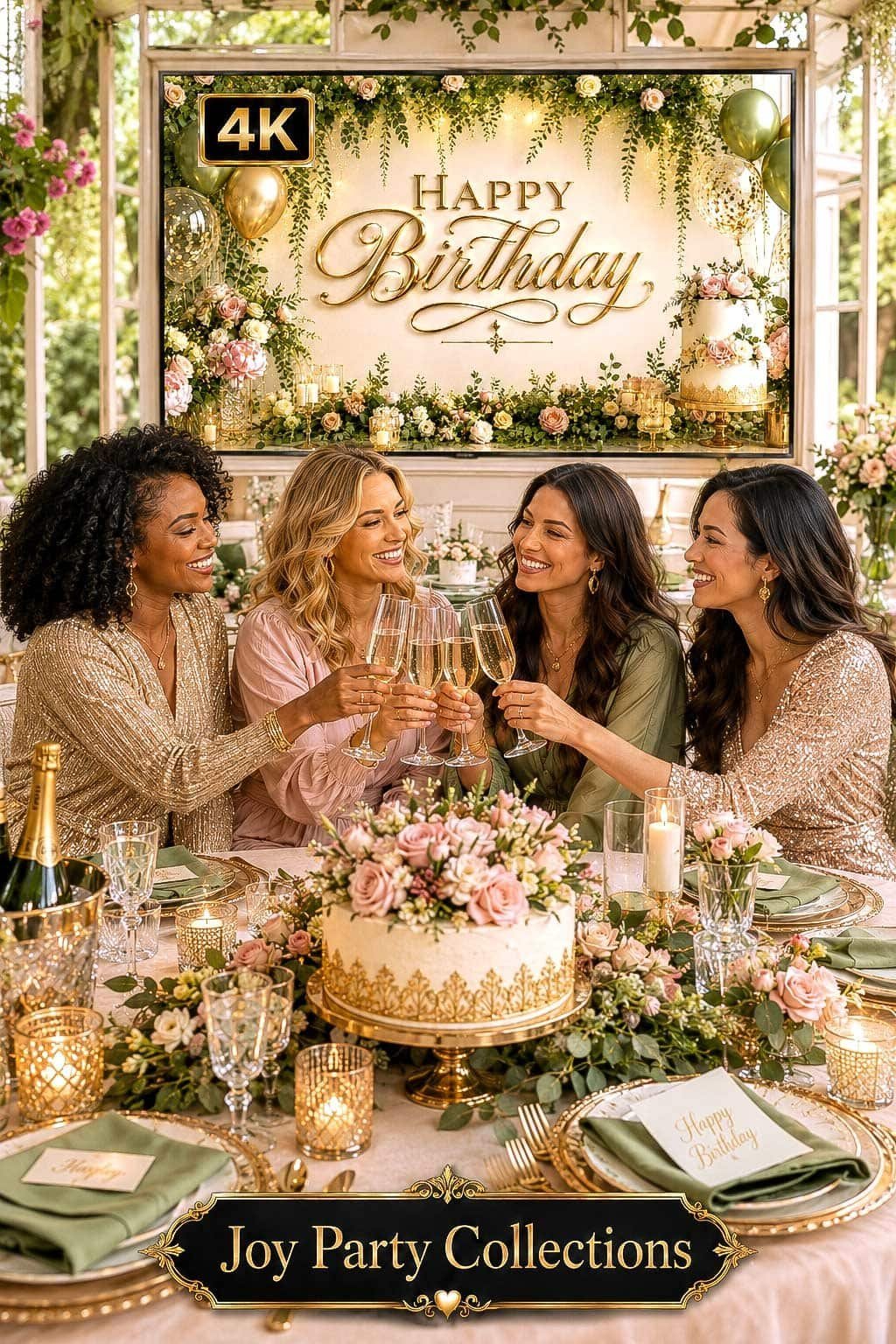 Garden-inspired birthday party setup with greenery, fresh flowers, pastel balloons, floral plates and a soft 4K birthday TV background