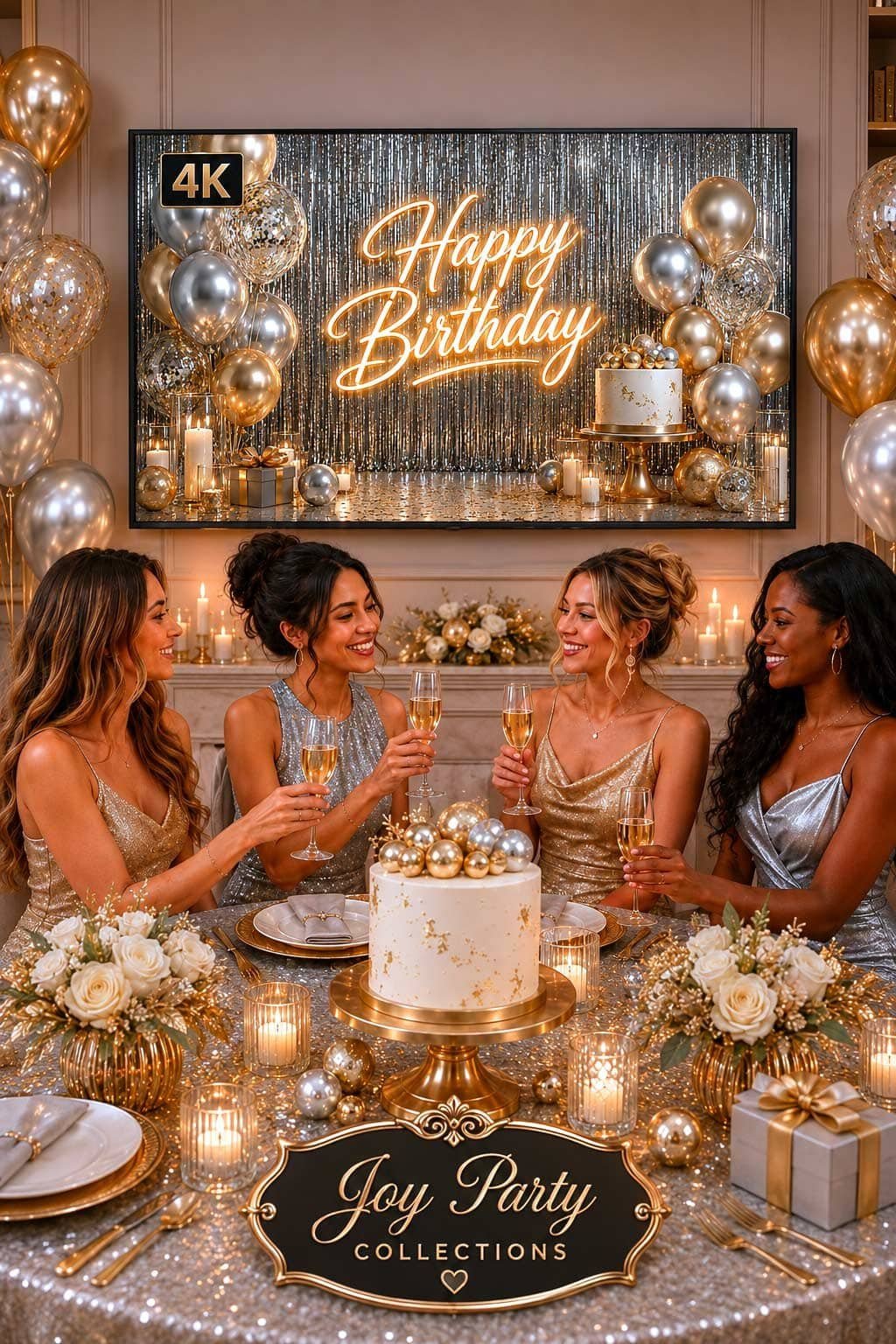 Glitter and glam birthday party setup with silver and gold balloons, metallic decor, candles, elegant cake and a sparkling birthday screen
