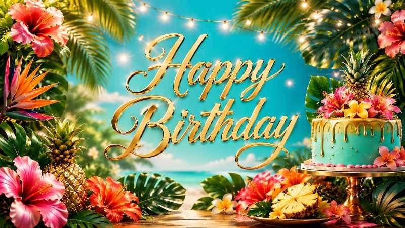 Tropical paradise 4K birthday background on a TV screen