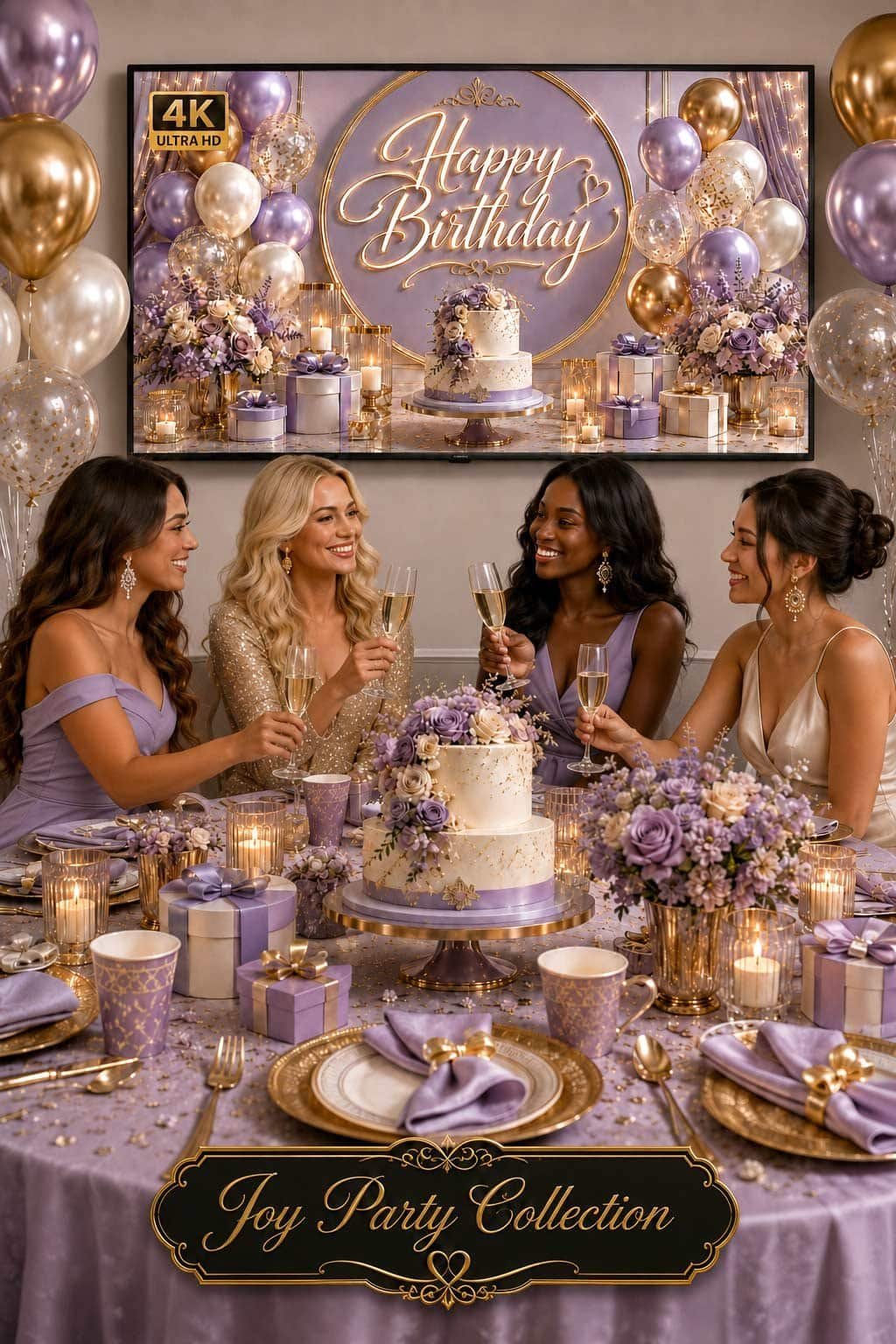 Lavender and gold birthday party setup with lilac balloons, gold balloons, flowers, candles and elegant feminine decor