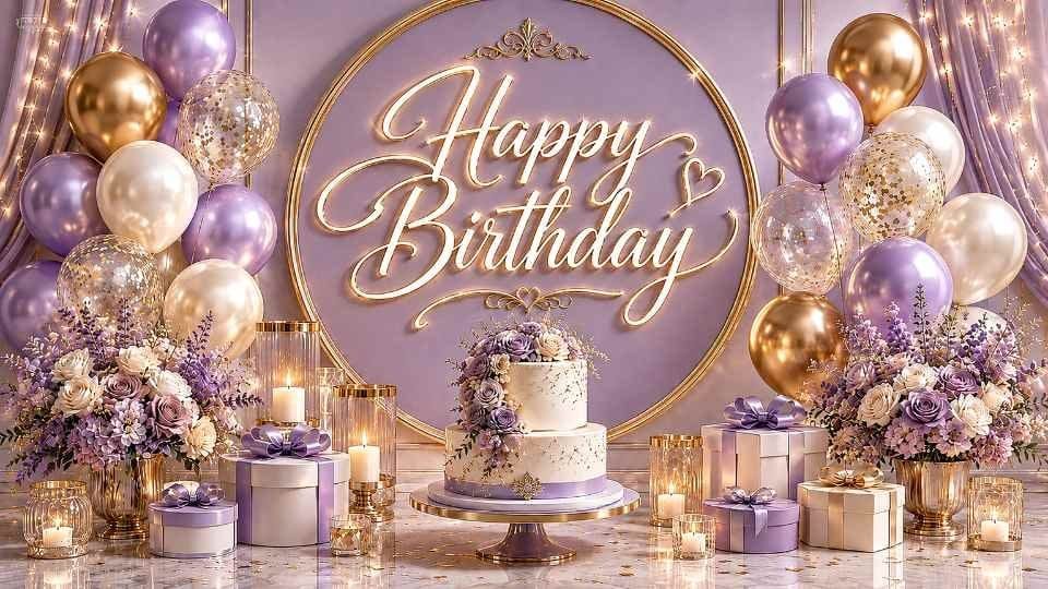 Lavender and gold 4K birthday background on a TV screen