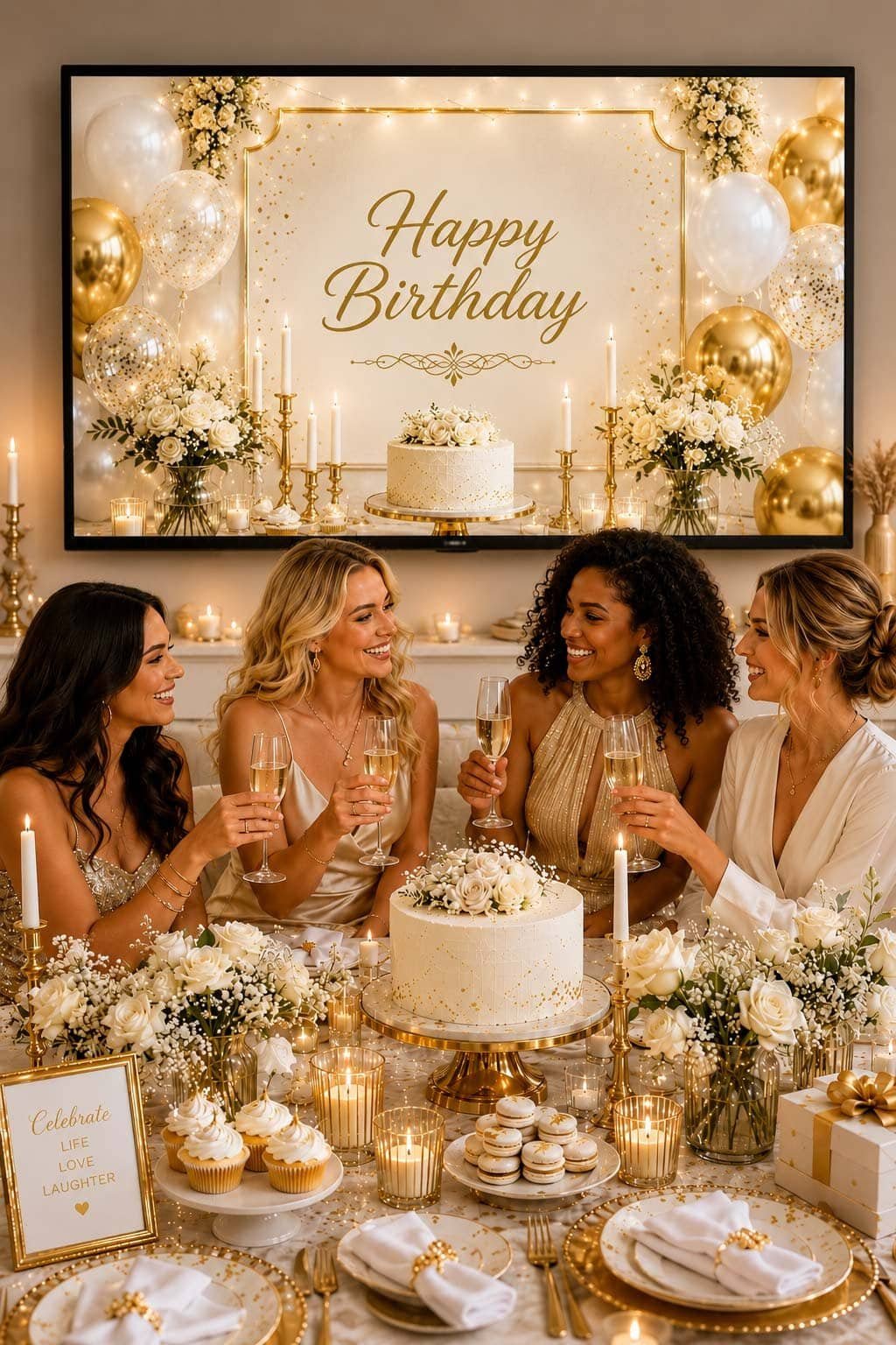 Minimal white and gold birthday party setup with white cake, gold candles, white flowers, gold cutlery and a clean 4K birthday TV background