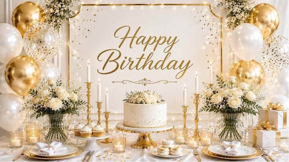 White and gold 4K birthday background on a TV screen