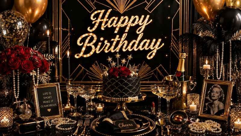 Old Hollywood 4K birthday background on a TV screen