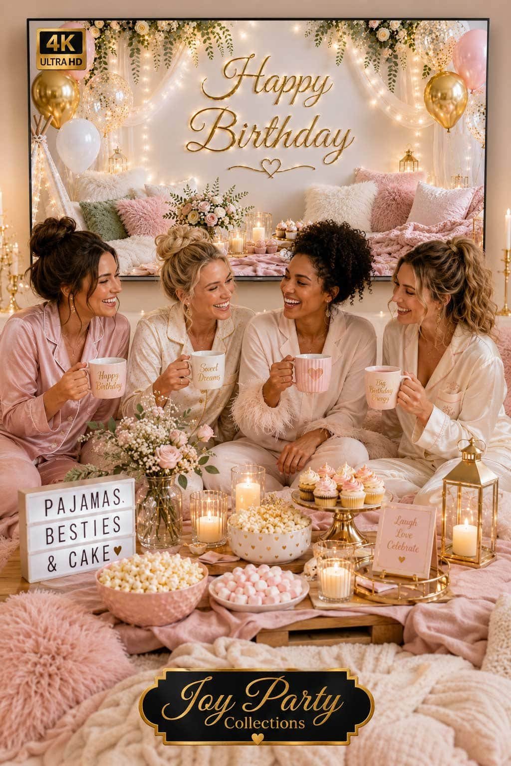 Cozy pajama birthday night setup with cupcakes, blankets, fairy lights, snacks and a cute 4K birthday TV background