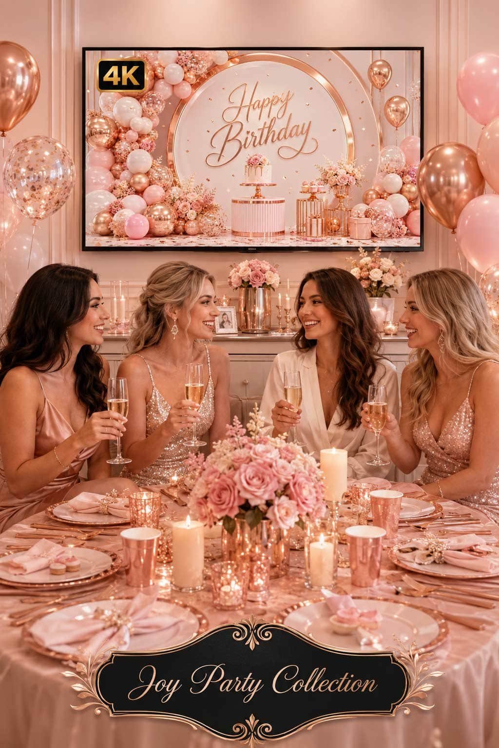 Rose gold cake table birthday setup with cake stand, cupcakes, candles, flowers, balloons and a 4K birthday TV background