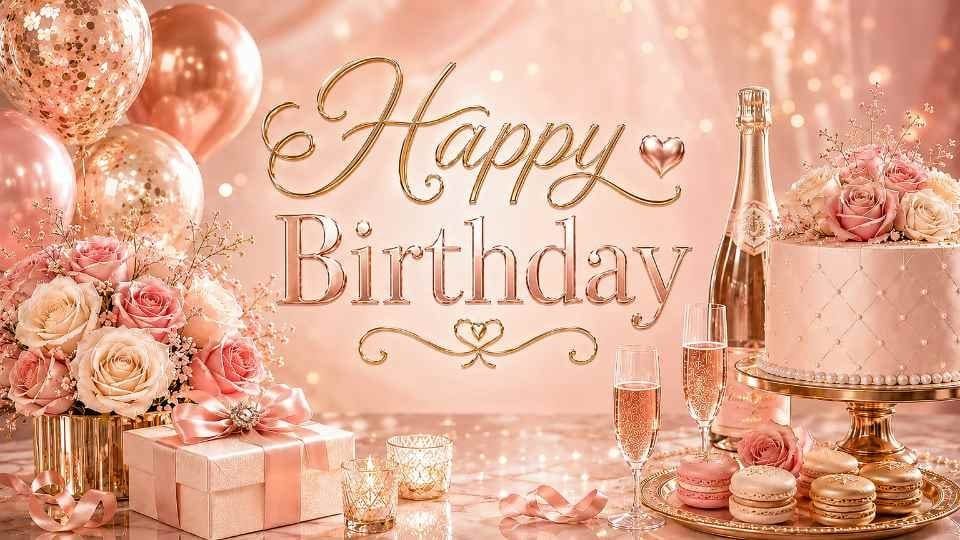 Pink champagne 4K birthday background shown on a TV screen