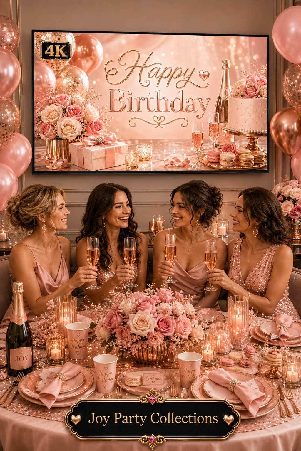 Elegant pink champagne birthday party setup with rose gold balloons, cake, candles, flowers and a Happy Birthday TV background