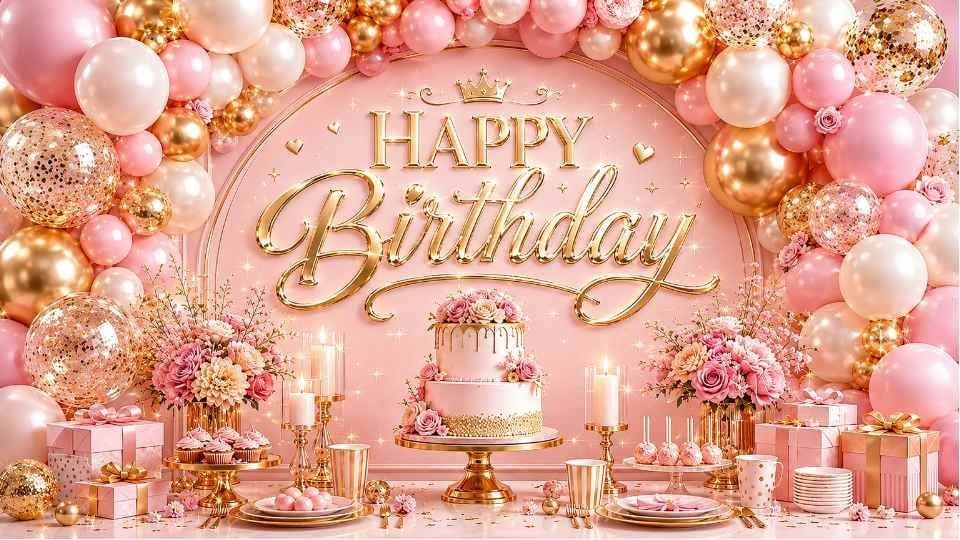 Pink and gold balloon 4K birthday background on TV