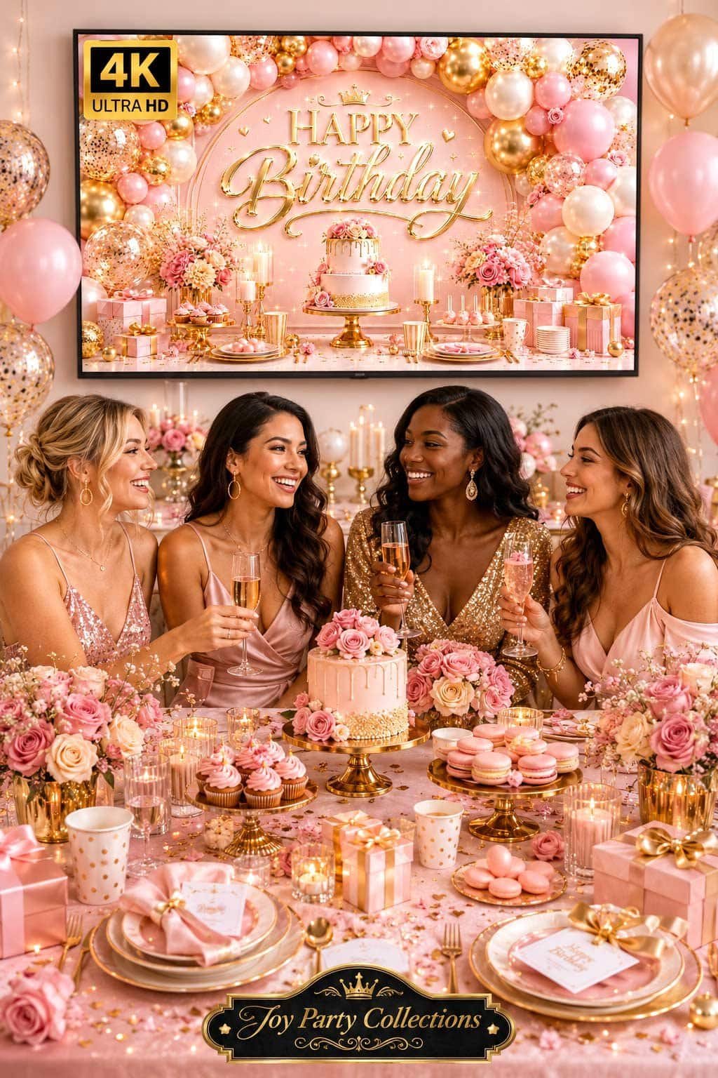 Pink and gold balloon birthday party setup with balloon garland, cake, candles, party cups and a 4K birthday TV background