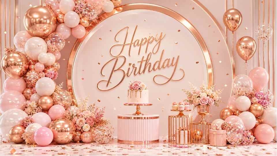 Rose gold 4K birthday background on a TV screen