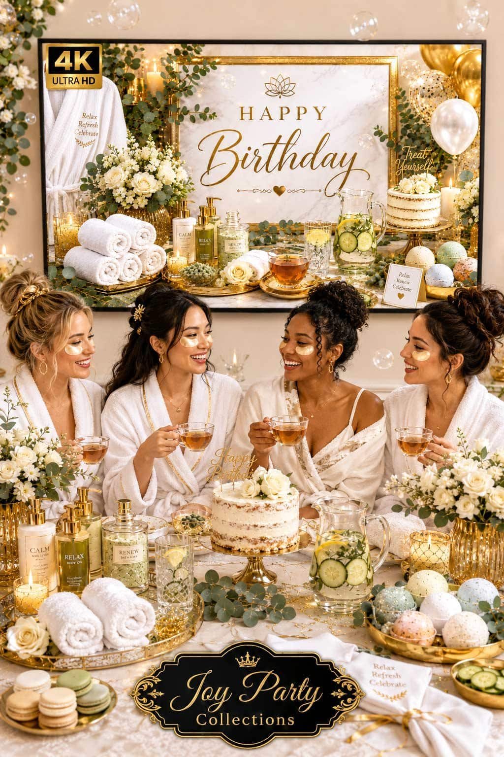 Spa birthday party setup with robes, towels, candles, eucalyptus, herbal tea, fruit water and a soft 4K birthday TV background