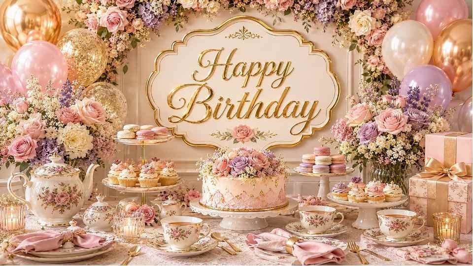 Tea party 4K birthday background on a TV screen