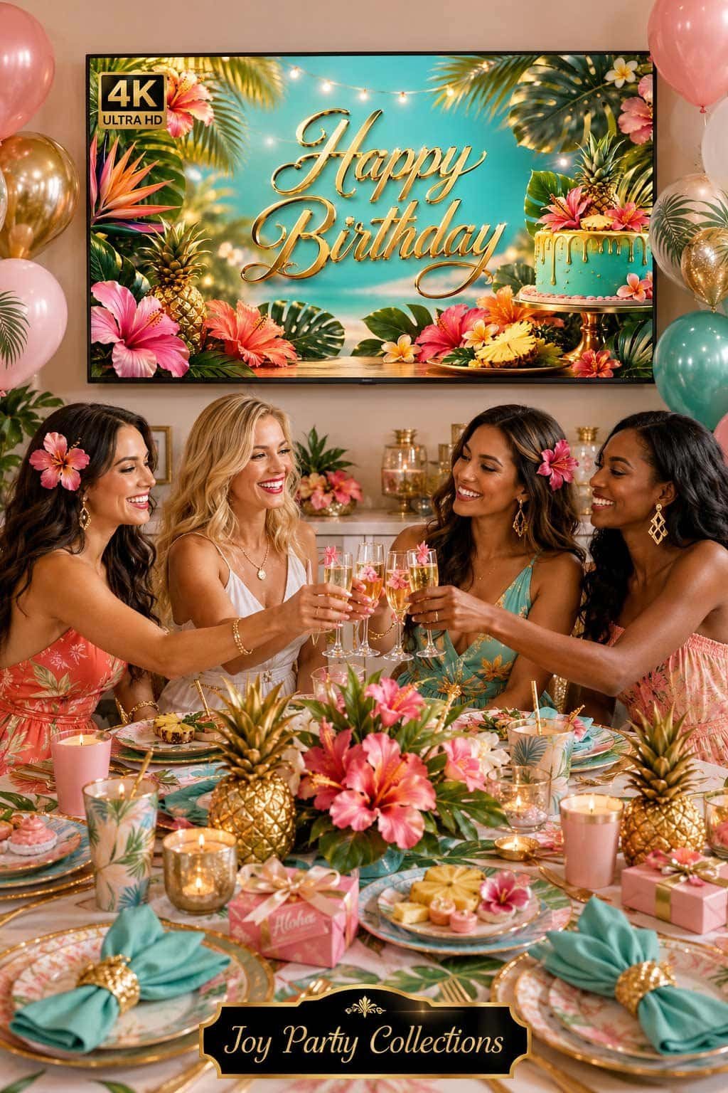Tropical paradise birthday party setup with palm leaves, hibiscus flowers, colorful cake, tropical drinks and a 4K birthday TV background