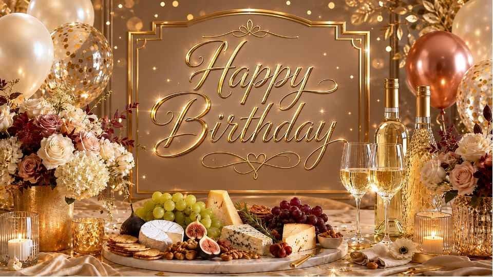 Wine and cheese 4K birthday background on a TV screen