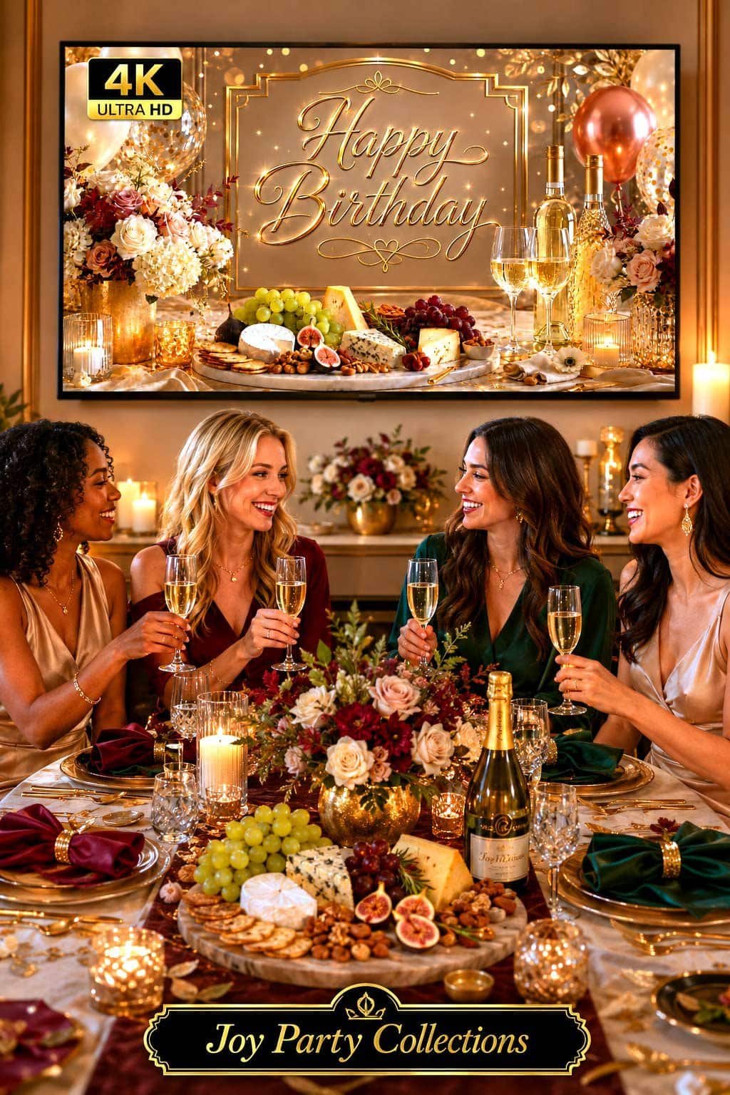 Wine and cheese birthday party setup with cheese board, grapes, crackers, candles, flowers and a classy 4K birthday TV background