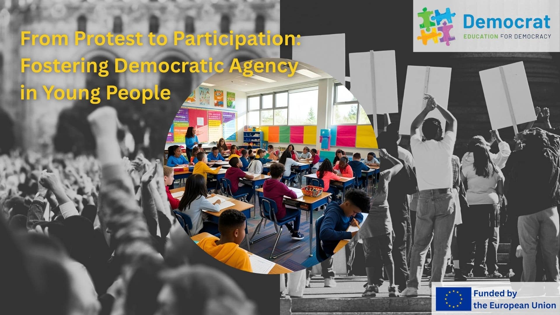 Group of young people participating in a peaceful protest, symbolizing democratic agency and youth engagement in civic life.