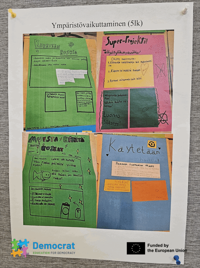 A classroom board with handwritten notes in Finnish from a session where future teachers plan democratic learning activities.