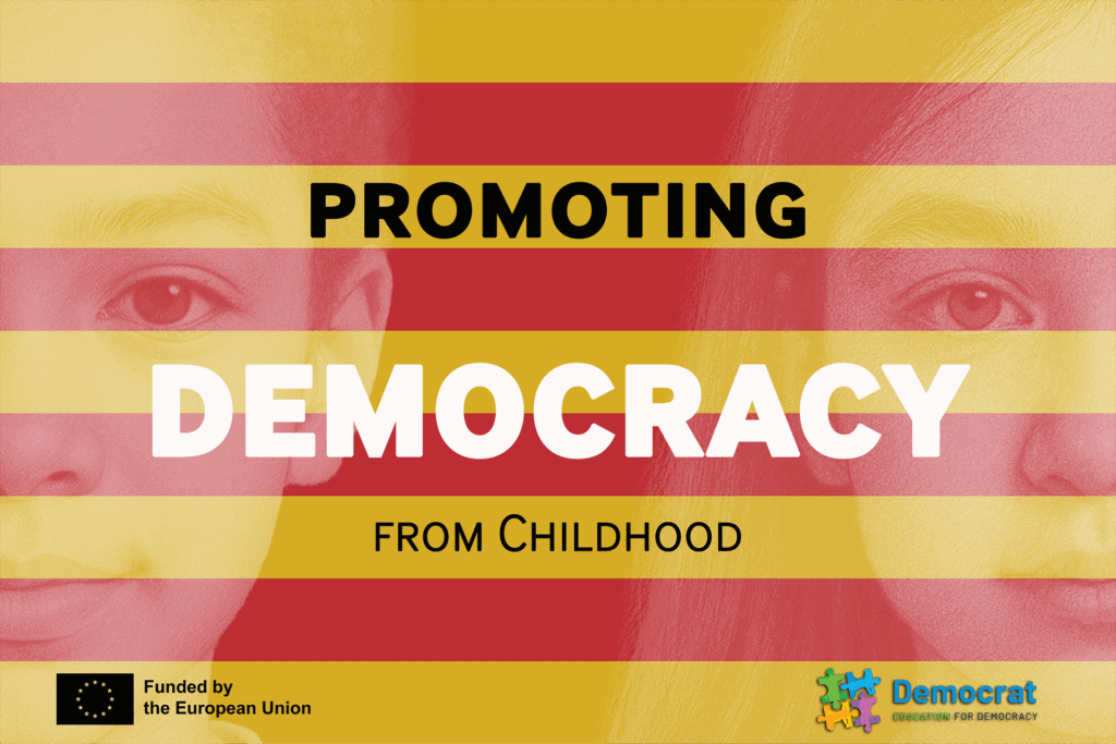 Two children’s faces overlaid with the colours of a flag and the words “Promoting Democracy from Childhood”, symbolising democratic education starting in primary schools.
