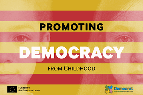 Two children’s faces overlaid with the colours of a flag and the words “Promoting Democracy from Childhood”, symbolising democratic education starting in primary schools.