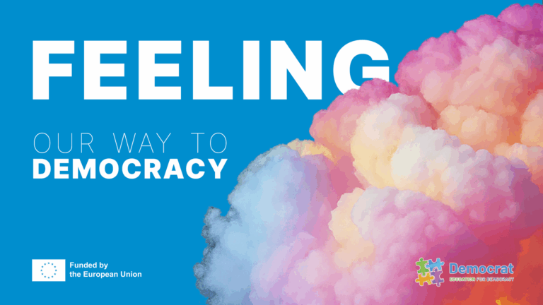 Abstract illustration of a person reflecting on emotions in bright colours, symbolising how feeling shapes learning and democracy in the classroom.