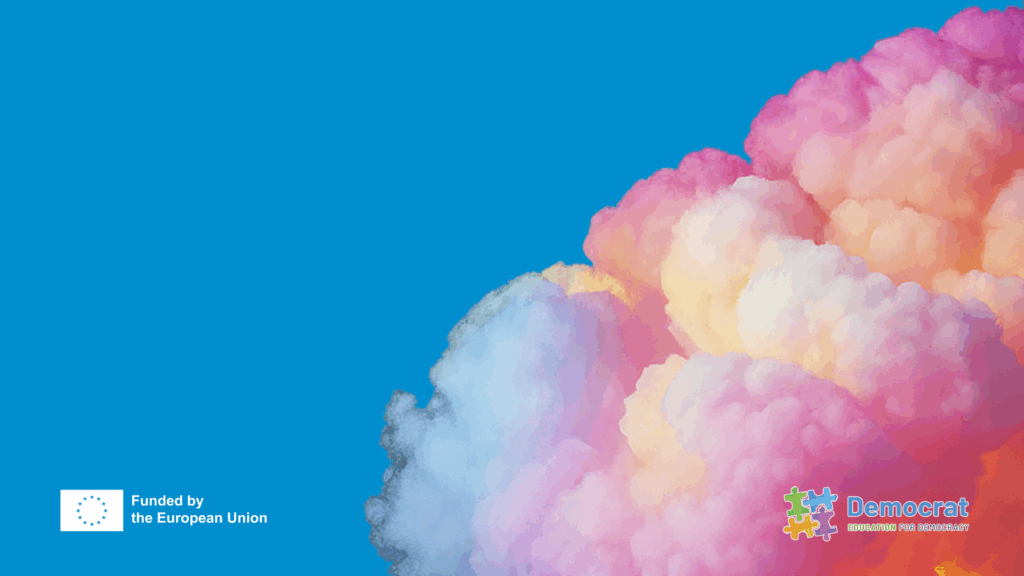 Abstract illustration of a person reflecting on emotions in bright colours, symbolising how feeling shapes learning and democracy in the classroom.