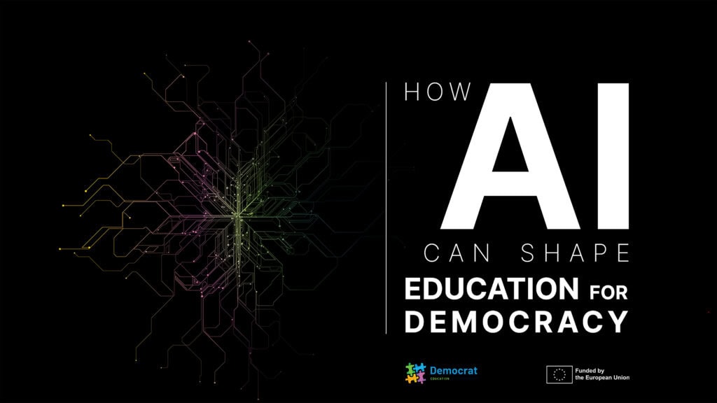 Black cover image with a colourful circuit-like burst spreading from the centre-left. On the right, large white text reads “AI” and “How AI can shape Education for Democracy”. Democrat and EU funding logos appear at the bottom.